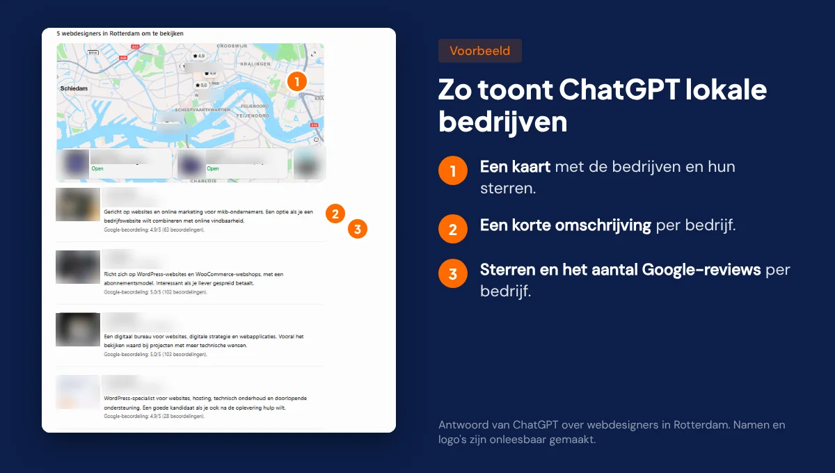 SEO Rotterdam: wat het is, wat het kost en wat je zelf kunt doen ChatGPT-antwoord op een vraag naar webdesigners in Rotterdam: een kaart en een lijst met sterren, aantal Google-reviews en een korte omschrijving per bedrijf