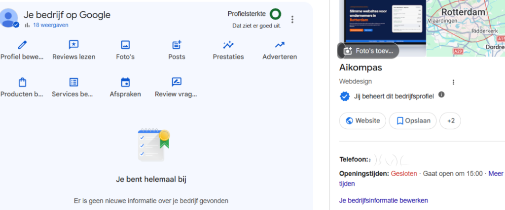 Mijn Google Bedrijfsprofiel naast de Google-zoekresultaten