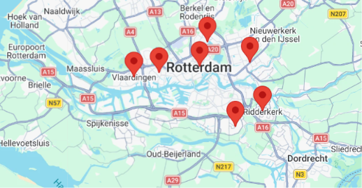 SEO Rotterdam: wat het is, wat het kost en wat je zelf kunt doen Servicegebied van een Google Bedrijfsprofiel rond Rotterdam, getoond op Google Maps